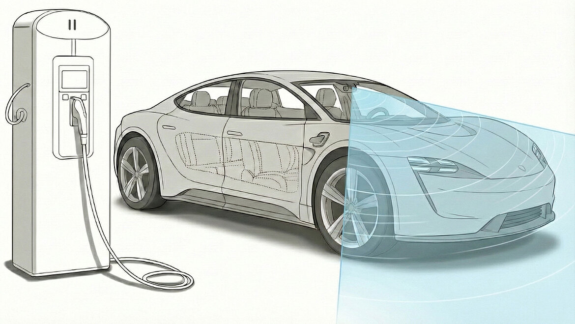 Ilustración de coche eléctrico en cargador con zona frontal de sensores marcada
