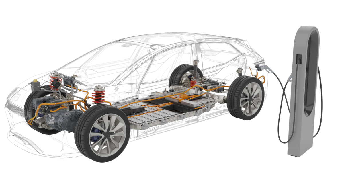 Vista transparente de un coche eléctrico con partes de tracción y batería visibles en la estación