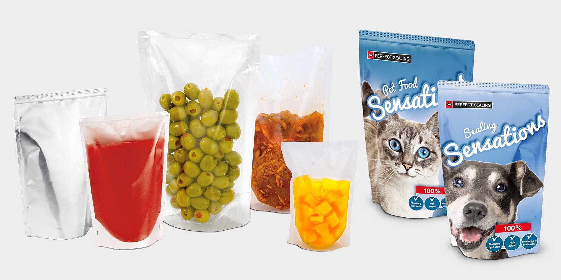 Diferentes bolsas tipo stand-up soldadas por ultrasonidos