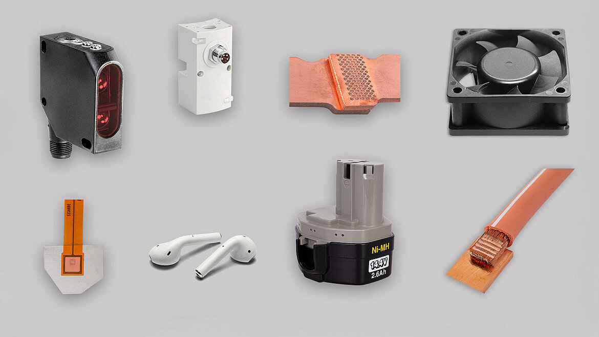 Ejemplos de aplicación de la soldadura por ultrasonidos: carcasas, sensores, barras colectoras, cables, dispositivos wearables y ventiladores