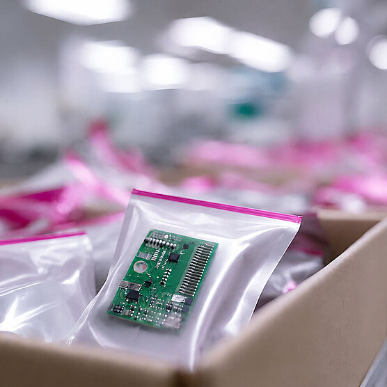 Placas de circuito en bolsas de plástico con cierre rosa en cajas
