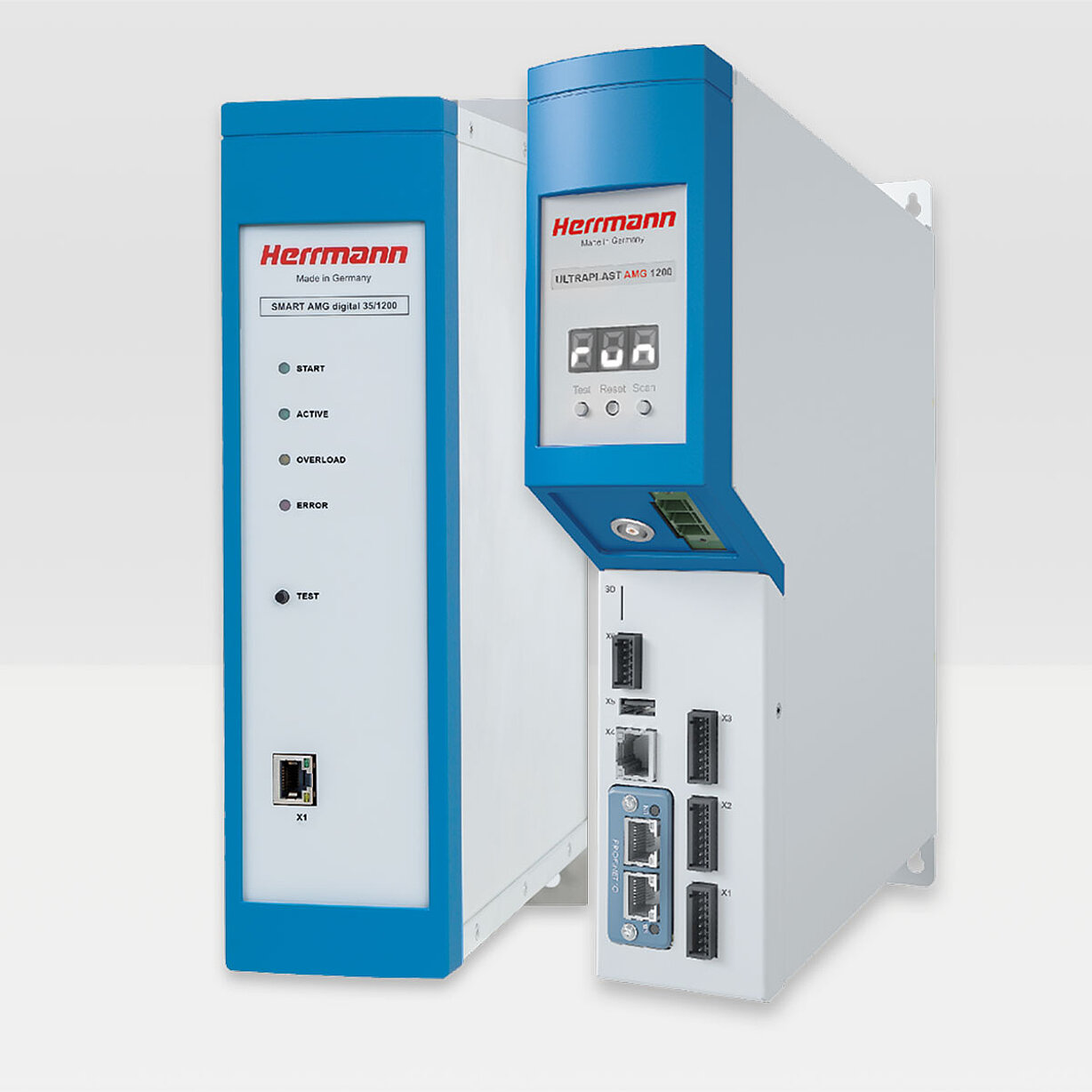 Dos generadores ultrasónicos de Herrmann con pantallas y conectores de control