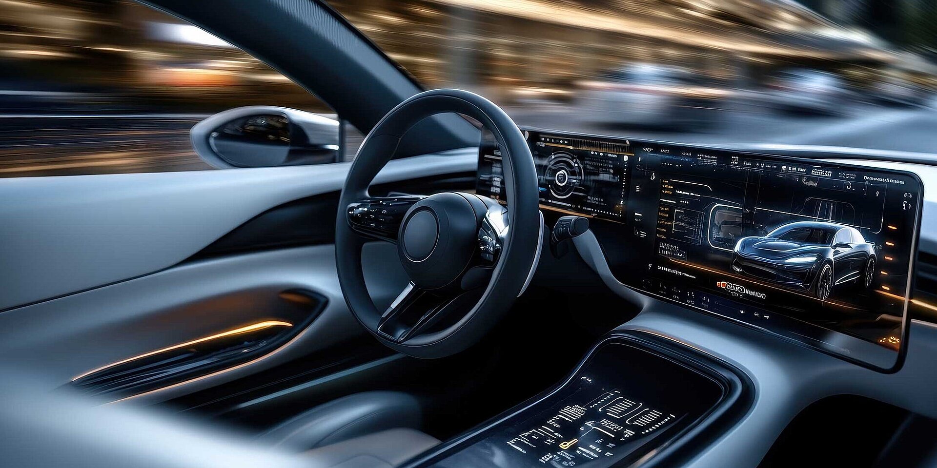 Cabina moderna de coche con gran pantalla digital y volante