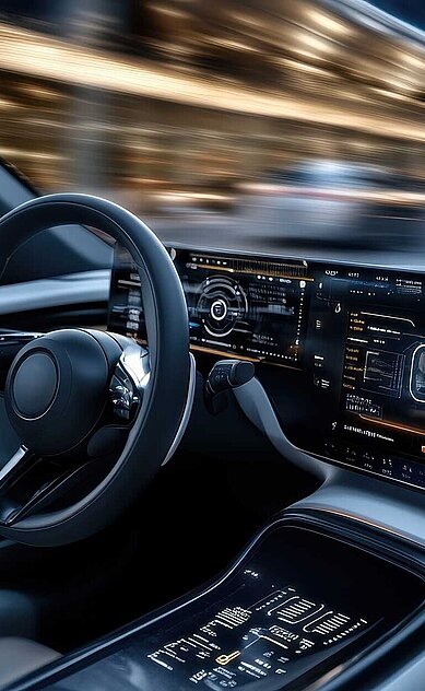 Cabina moderna de coche con gran pantalla digital y volante